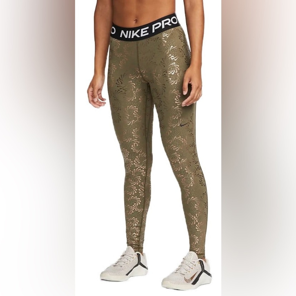 Nike Pro Olive Green Pinwheel Training Leggings Tight Fit Mid Rise Full Length